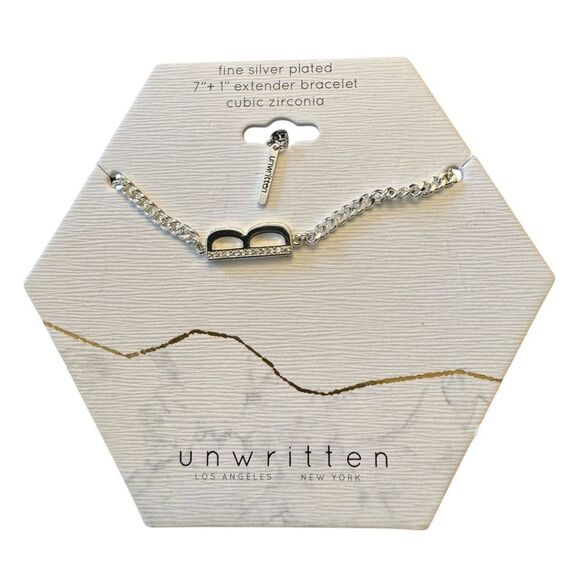 Unwritten Fine Silver Plate Cubic Zirconia Initial B 7”+1” Bracelet - Picture 2 of 3